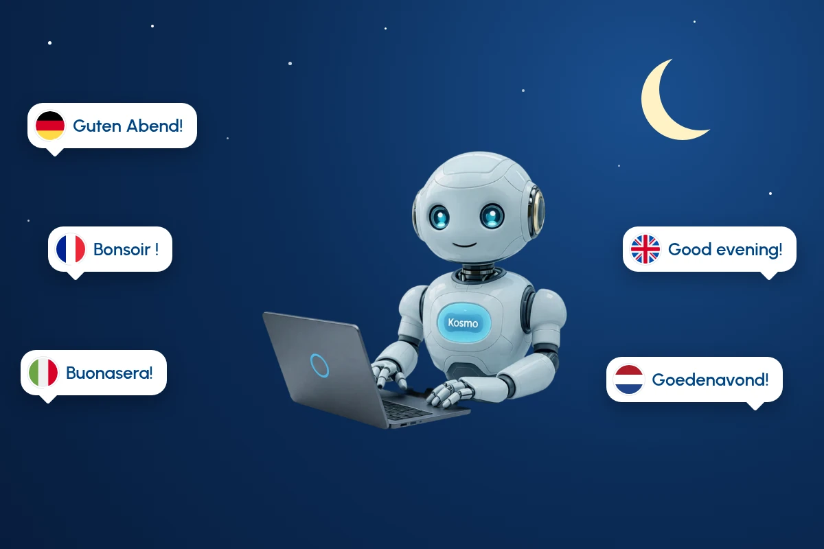 Kosmo answering guest emails at night in several languages