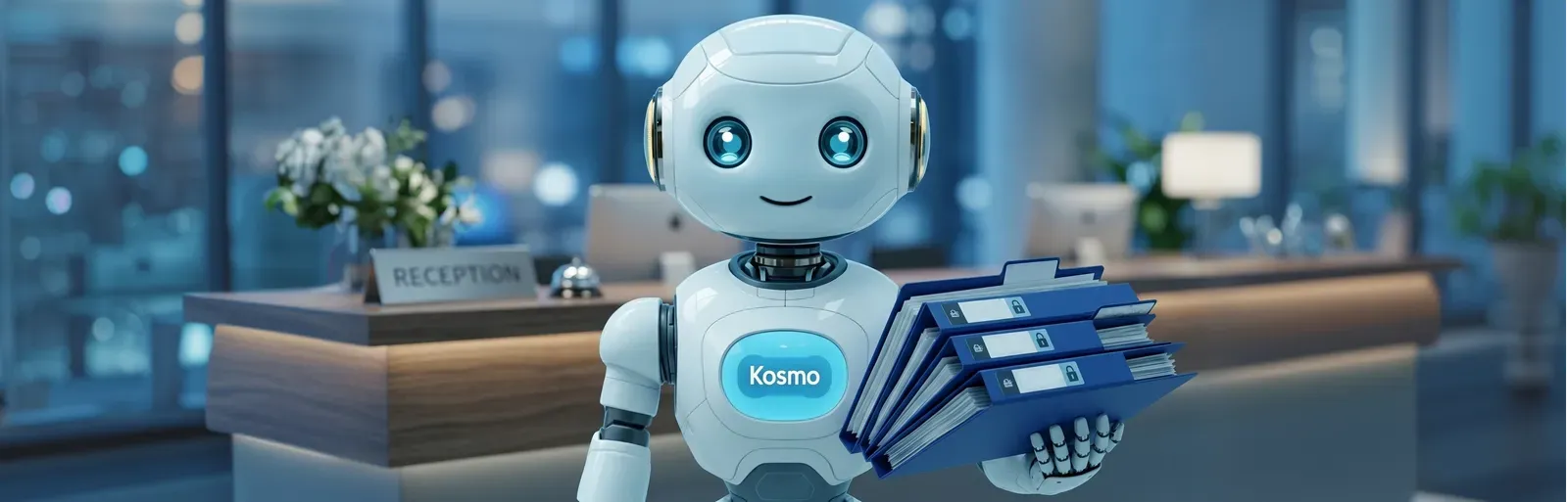 AI Kosmo assistant at a hotel reception desk